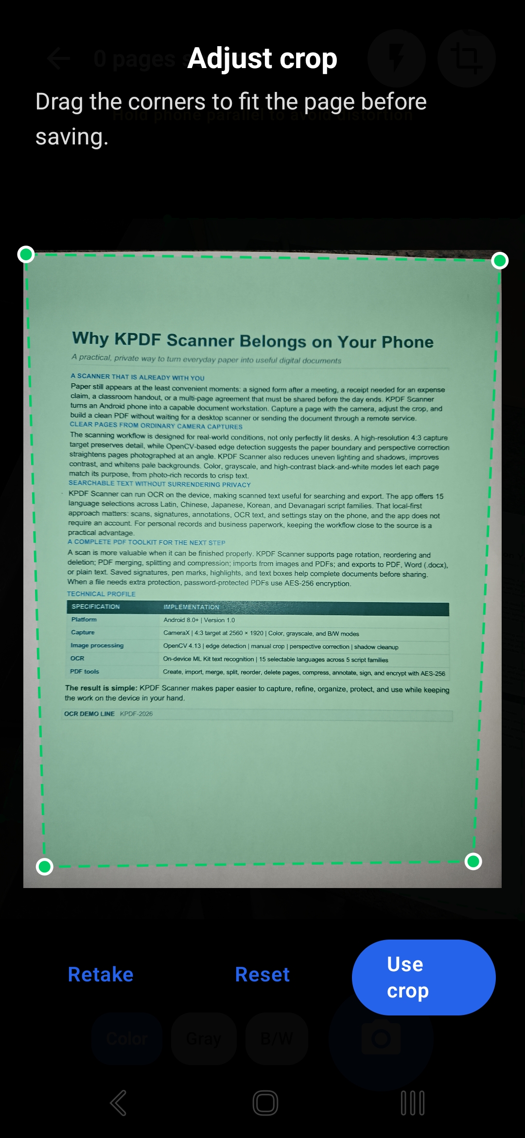 KPDF Scanner crop adjustment screen