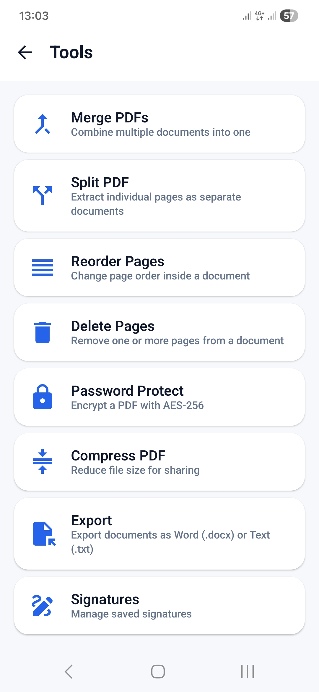KPDF Scanner PDF tools screen